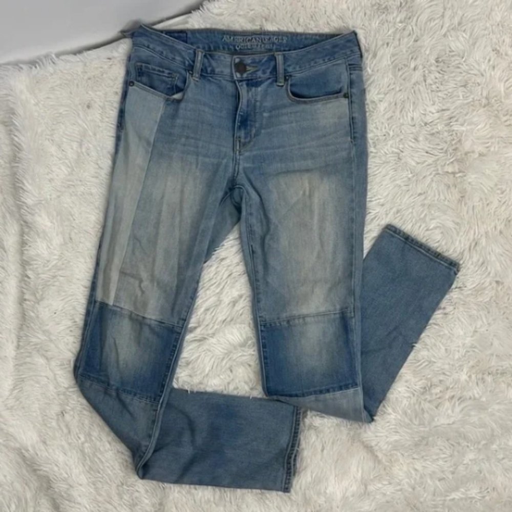 Patchwork Skinny Jeans, Sz 8, American Eagle, Light Wash